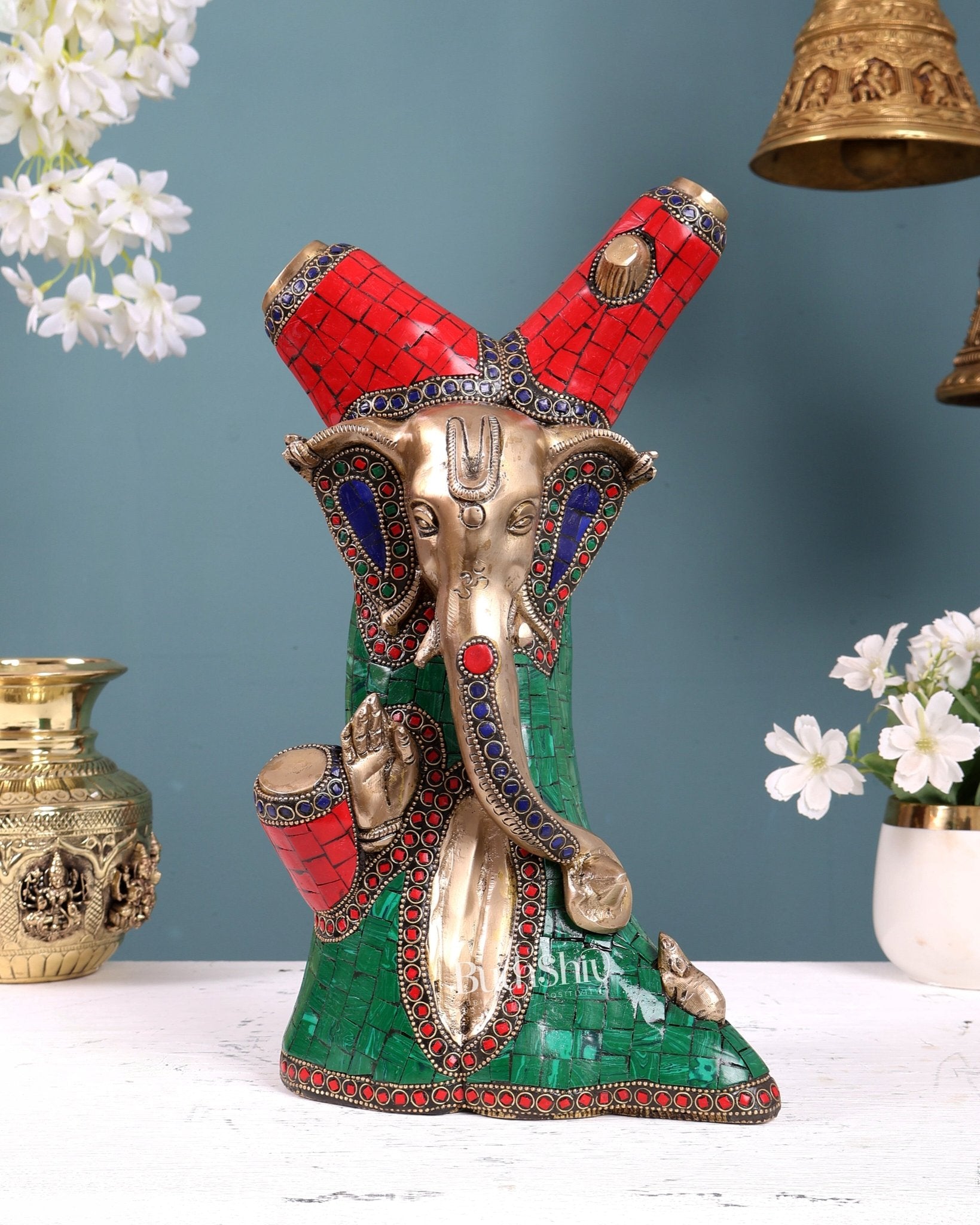 Unique Brass Ganesha Statue Carved in Tree – 12" with stonework - Budhshiv.com