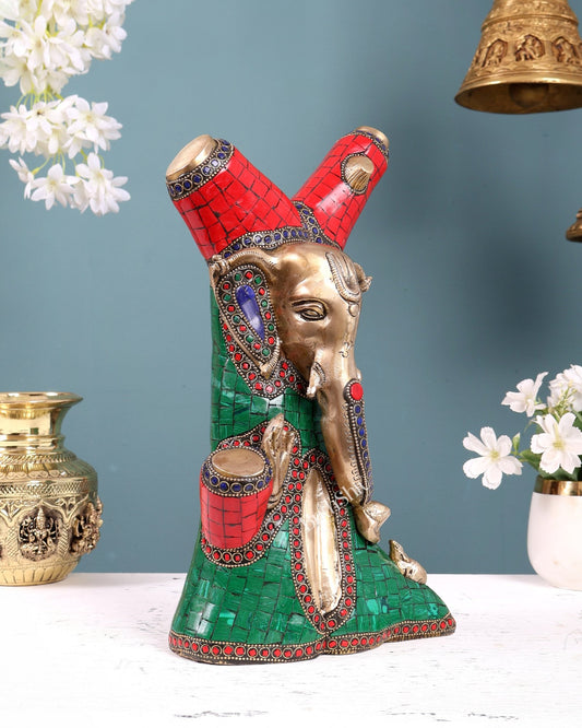 Unique Brass Ganesha Statue Carved in Tree – 12" with stonework - Budhshiv.com