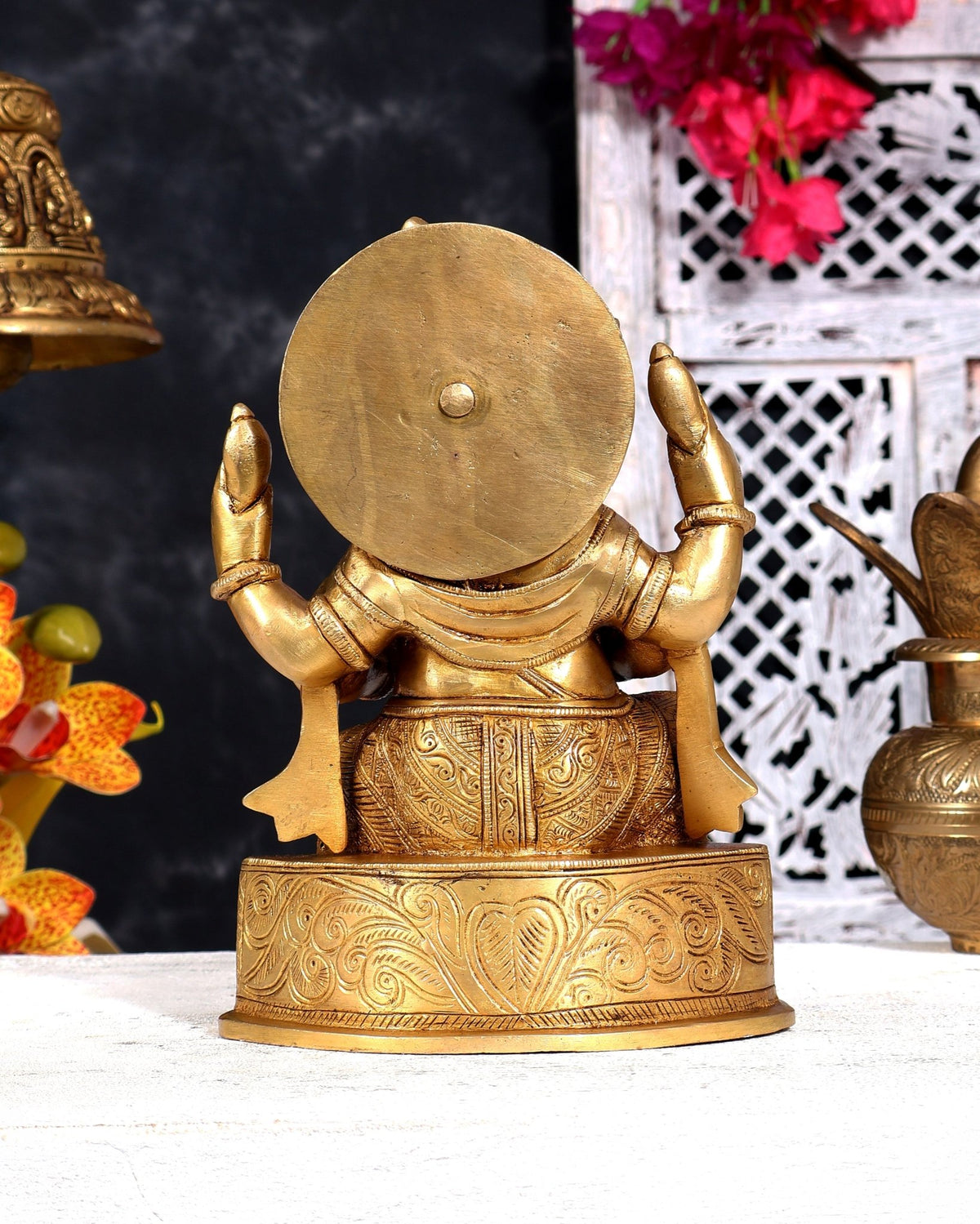Unique Brass Ganesha Statue with Base Carvings 8 inch - Budhshiv.com