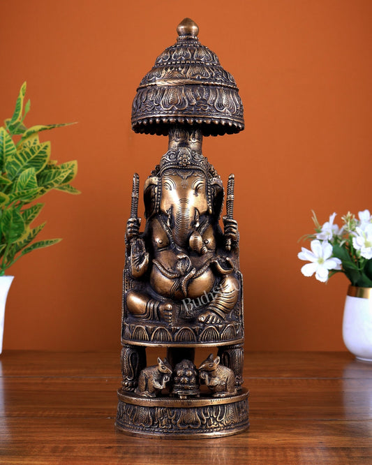 Unique Brass Ganesha Statue with Umbrella Throne – Antique Tone Finish - Budhshiv.com