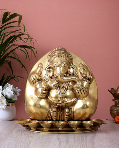 Unique Brass Ganesha Wall Hanging with Diyas | Wall & Table Decor Idol (13.5 Inch) - Budhshiv.com