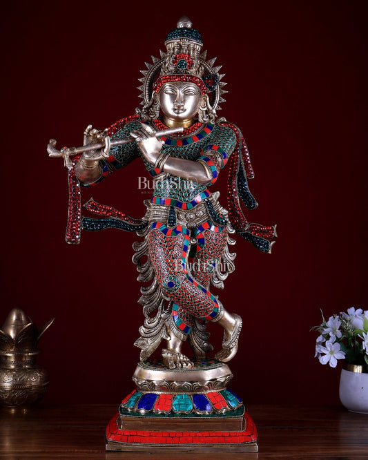 Unique Brass Krishna Statue - 26" meenakari work - Budhshiv.com