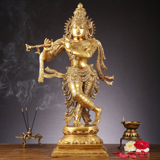 Unique Brass Krishna Statue - 26" - Budhshiv.com