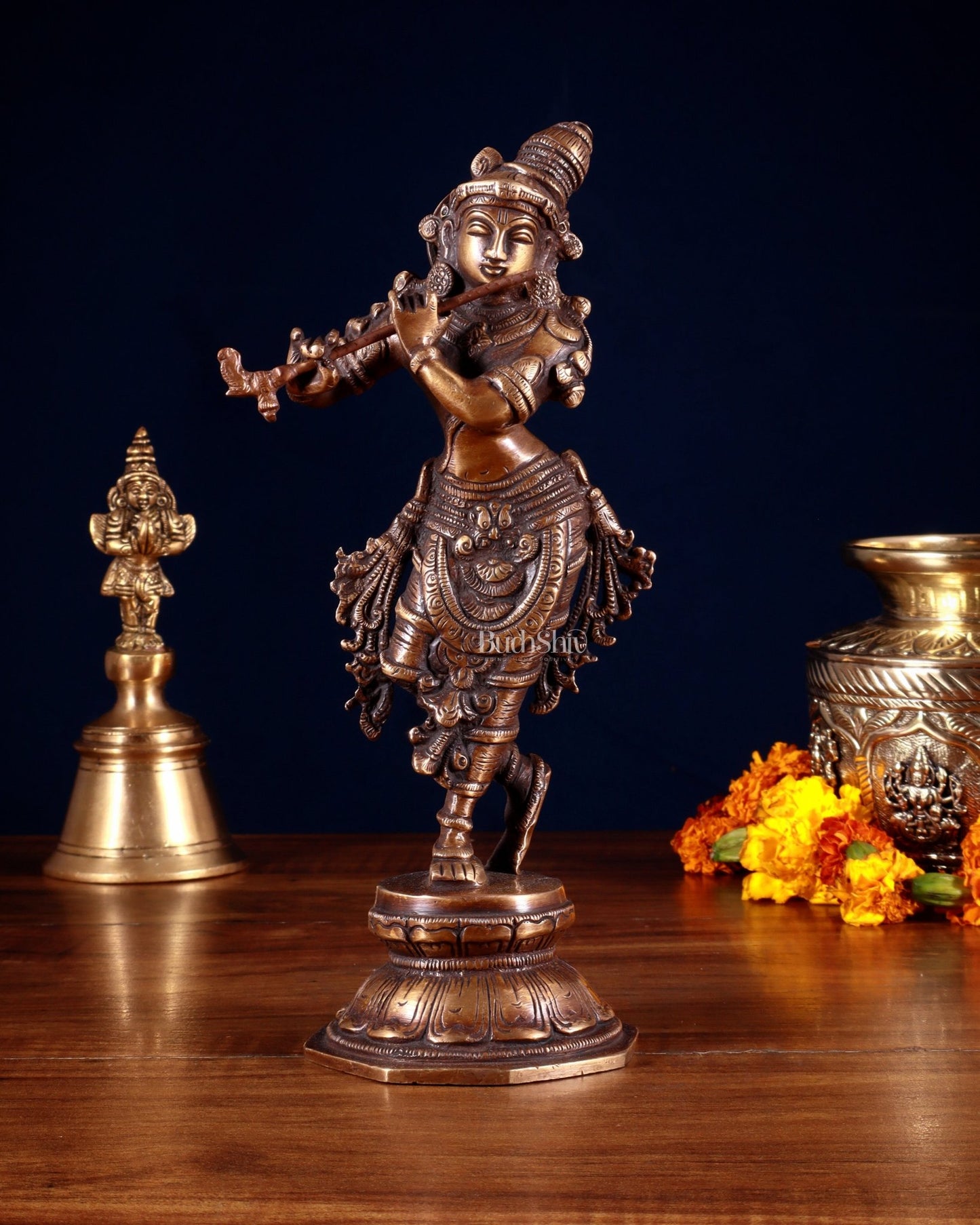Unique Brass Krishna Statue – 9.5” Antique Burnt Brass Finish - Budhshiv.com