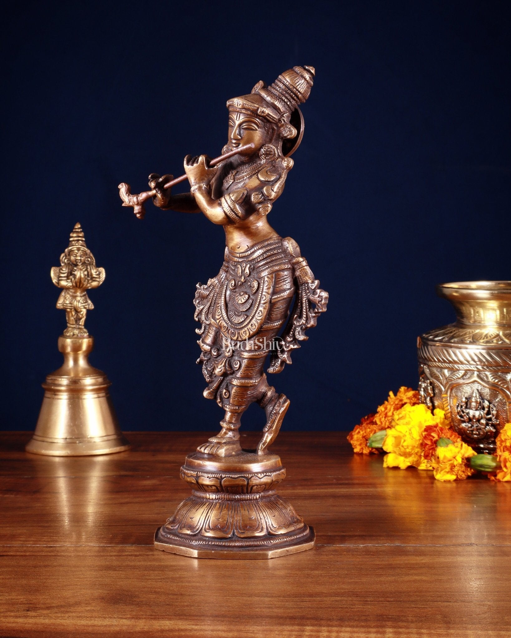 Unique Brass Krishna Statue – 9.5” Antique Burnt Brass Finish - Budhshiv.com