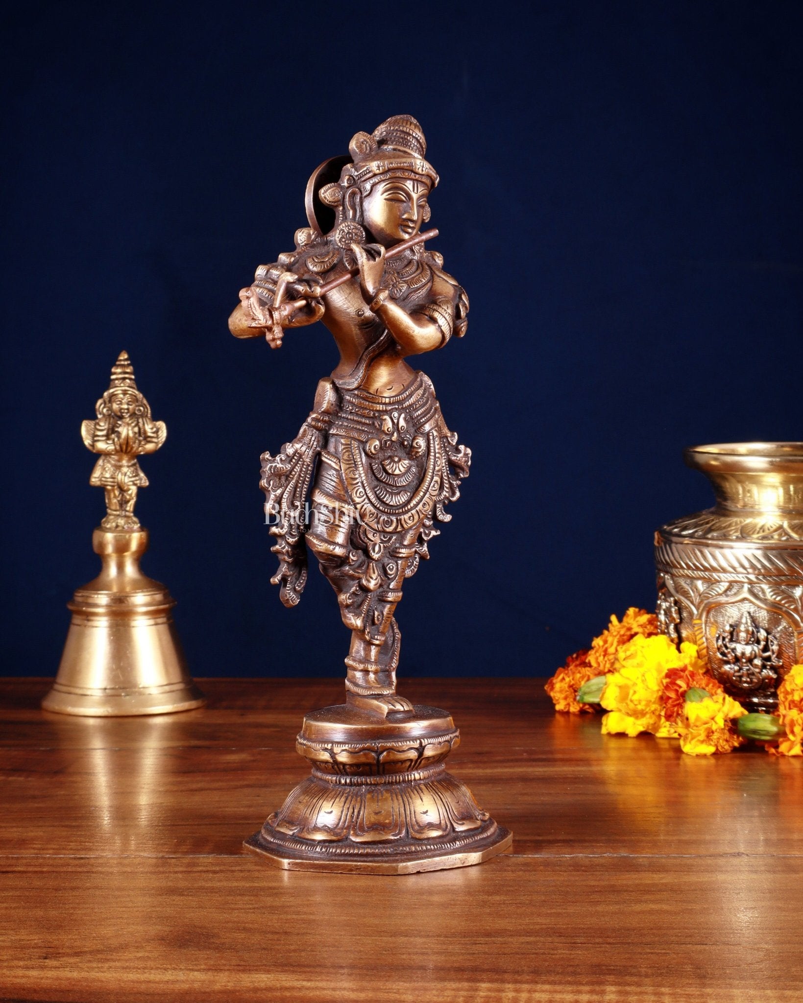 Unique Brass Krishna Statue – 9.5” Antique Burnt Brass Finish - Budhshiv.com