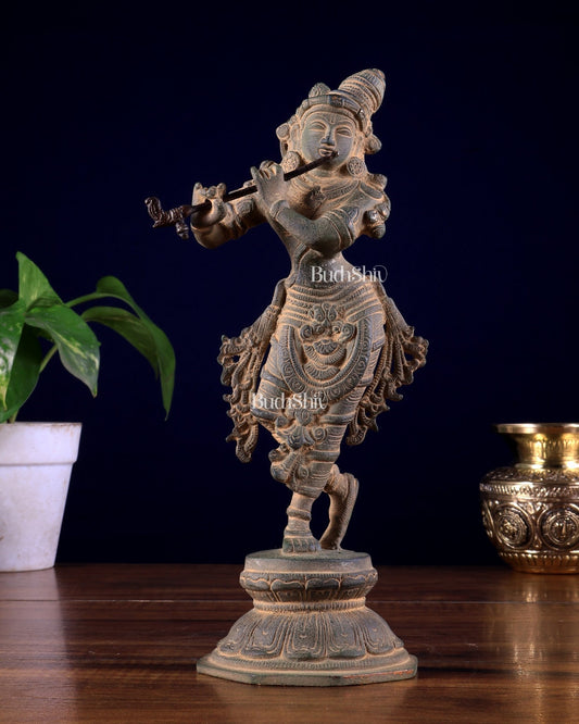 Unique Brass Krishna Statue - 9.5 Inches Super antique - Budhshiv.com