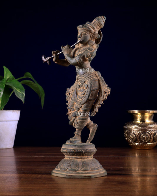 Unique Brass Krishna Statue - 9.5 Inches Super antique - Budhshiv.com