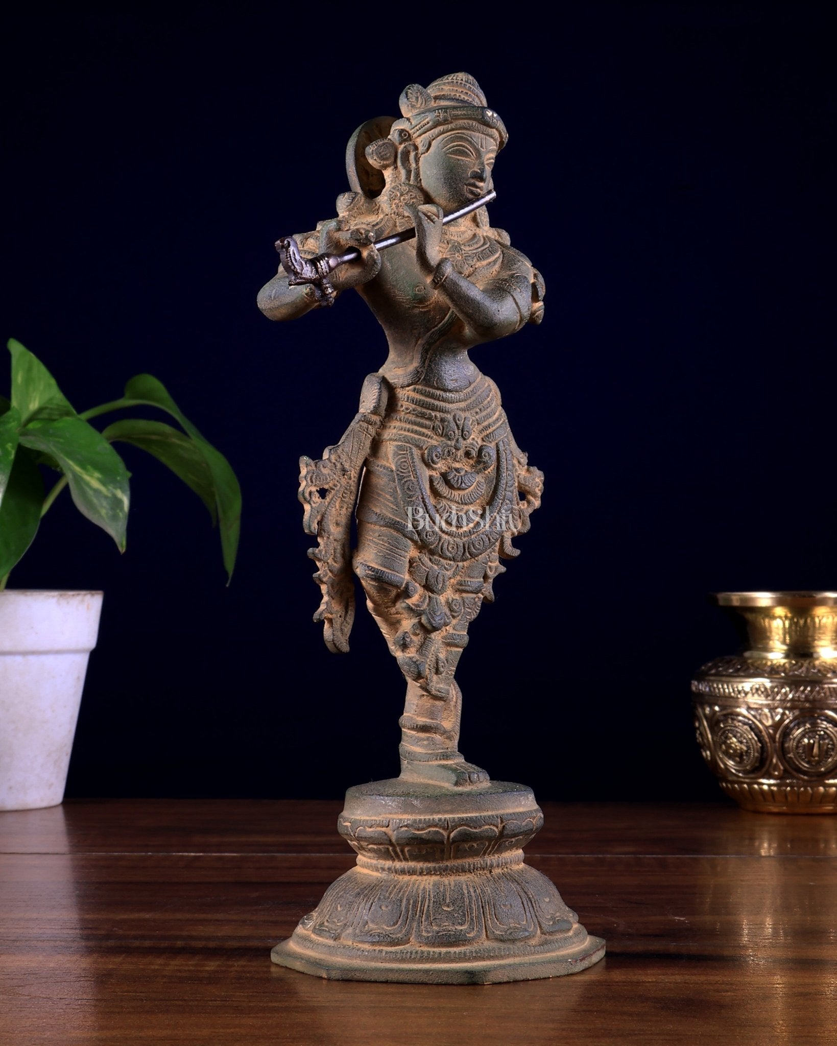 Unique Brass Krishna Statue - 9.5 Inches Super antique - Budhshiv.com