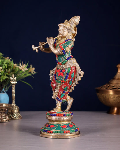 Unique Brass Krishna Statue - floral stonework 9.5 Inches - Budhshiv.com