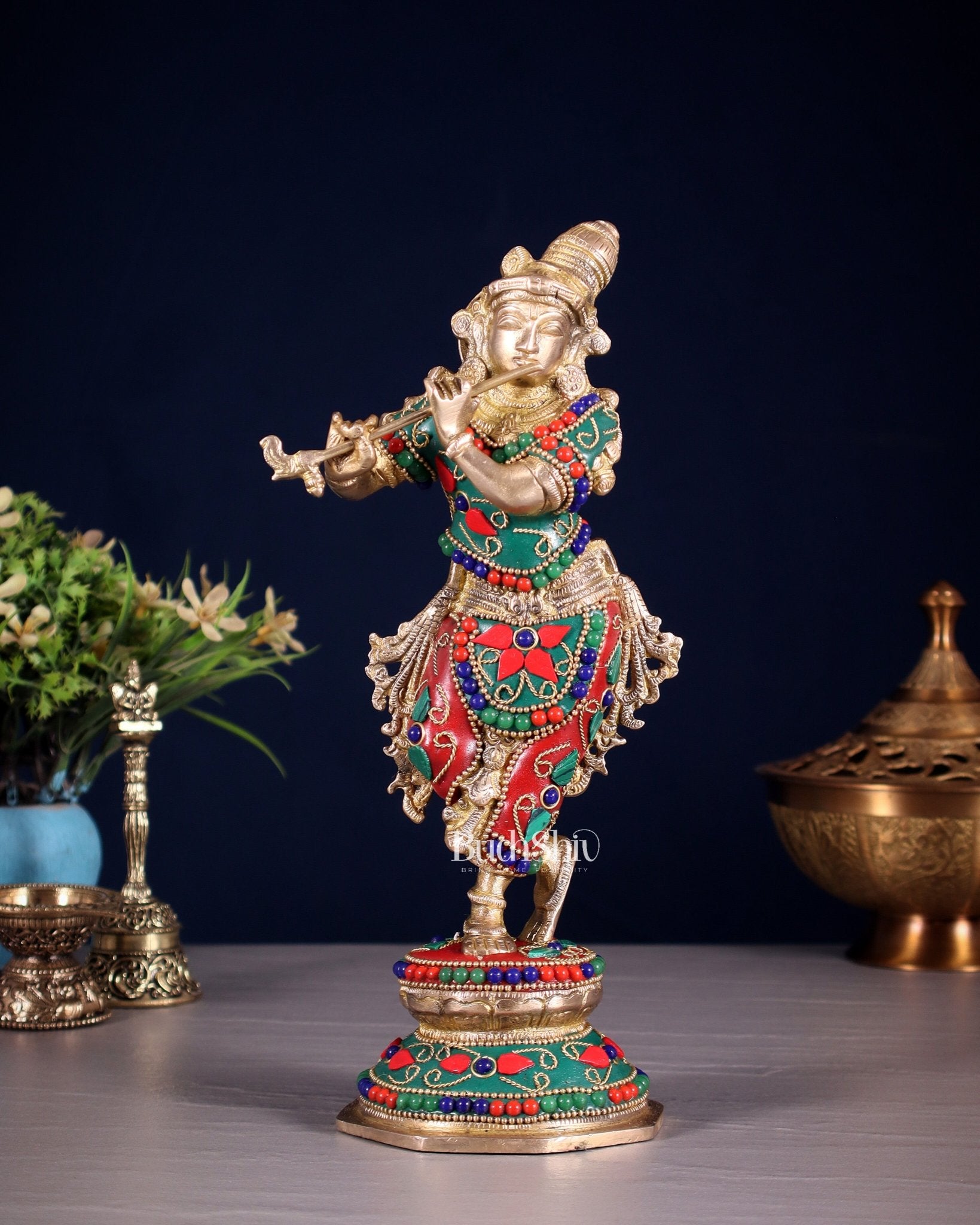 Unique Brass Krishna Statue - floral stonework 9.5 Inches - Budhshiv.com