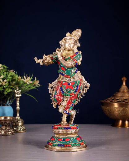 Unique Brass Krishna Statue - floral stonework 9.5 Inches - Budhshiv.com