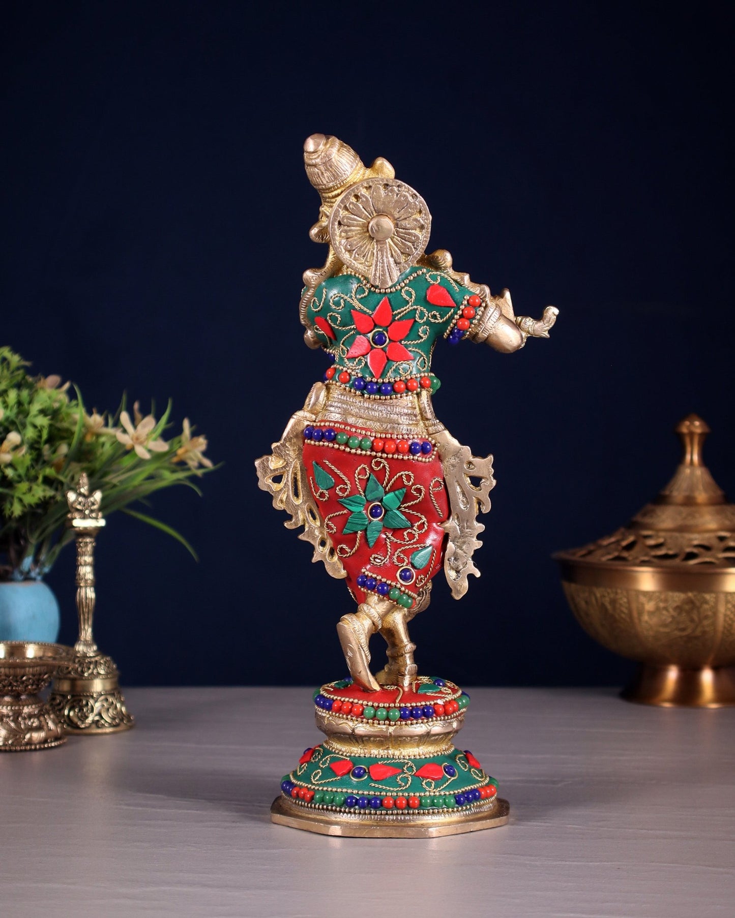 Unique Brass Krishna Statue - floral stonework 9.5 Inches - Budhshiv.com