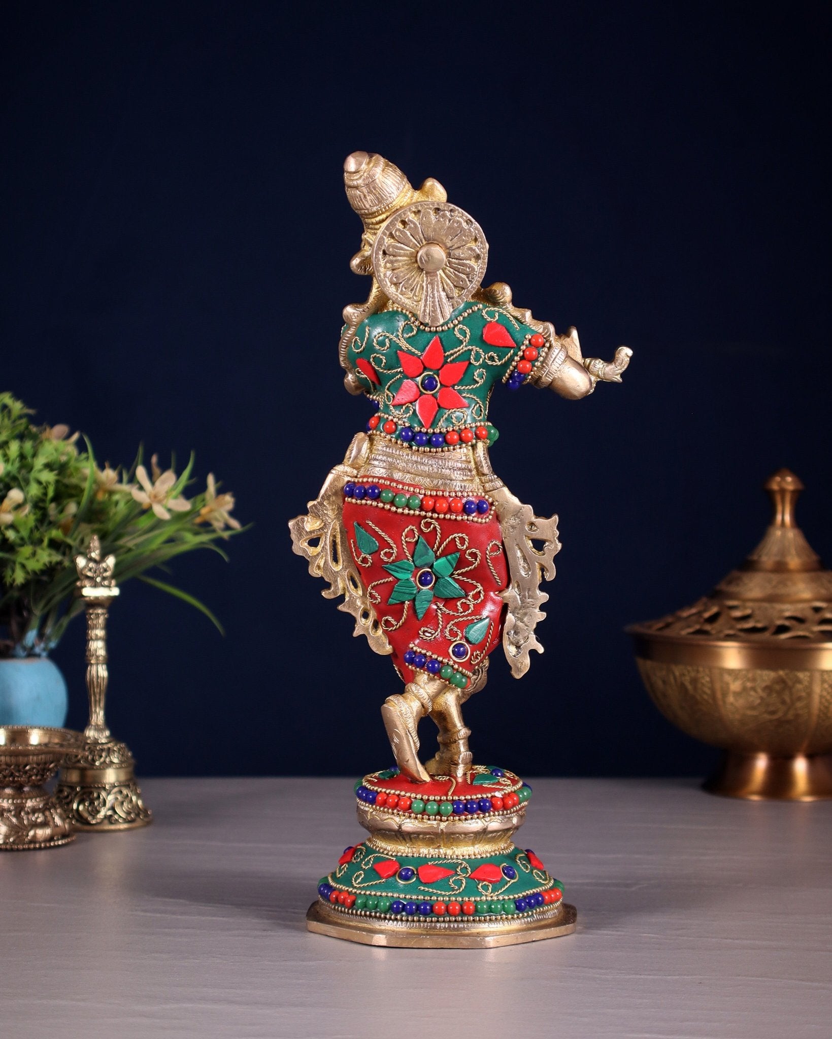 Unique Brass Krishna Statue - floral stonework 9.5 Inches - Budhshiv.com