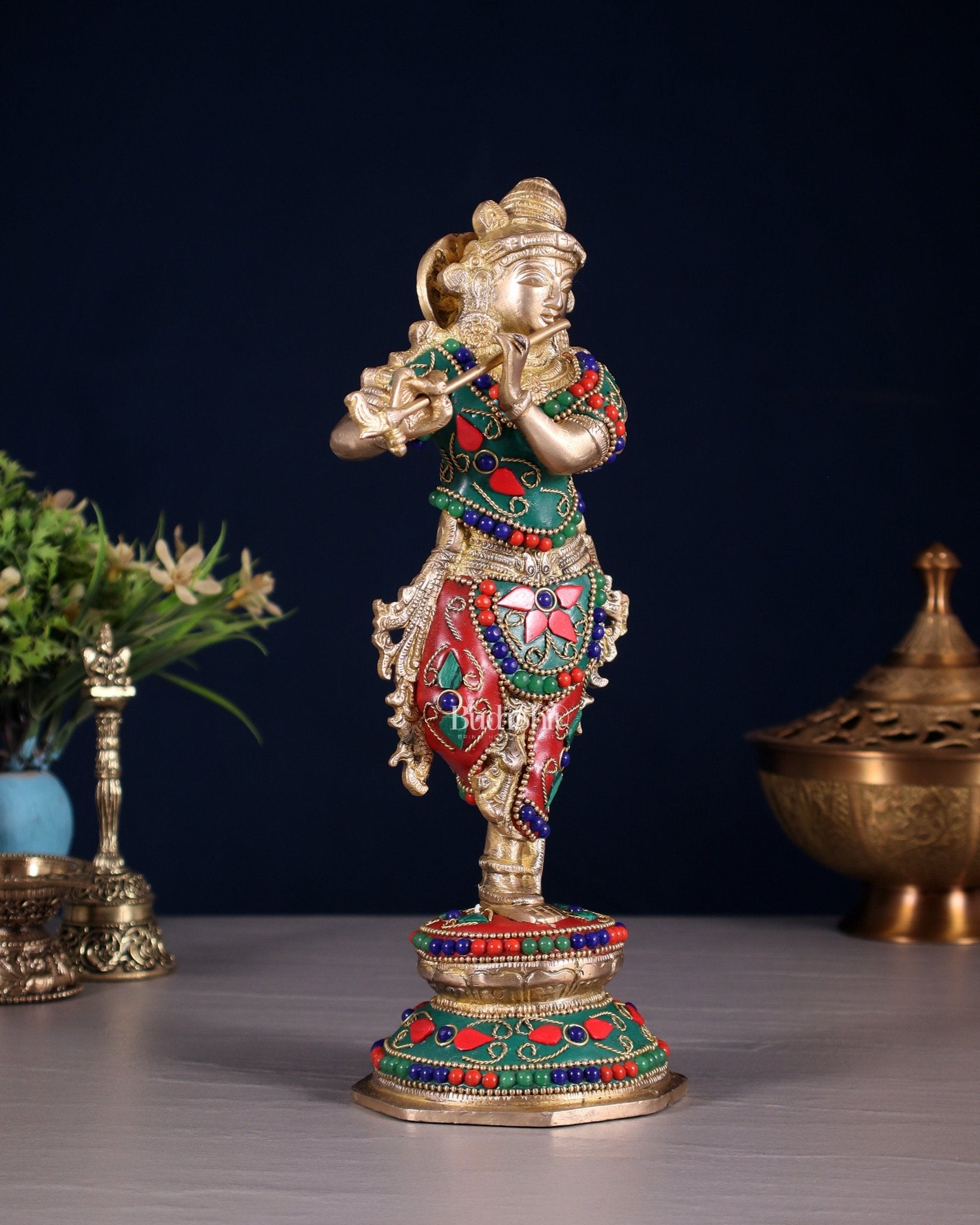 Unique Brass Krishna Statue - floral stonework 9.5 Inches - Budhshiv.com