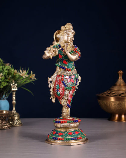 Unique Brass Krishna Statue - floral stonework 9.5 Inches - Budhshiv.com
