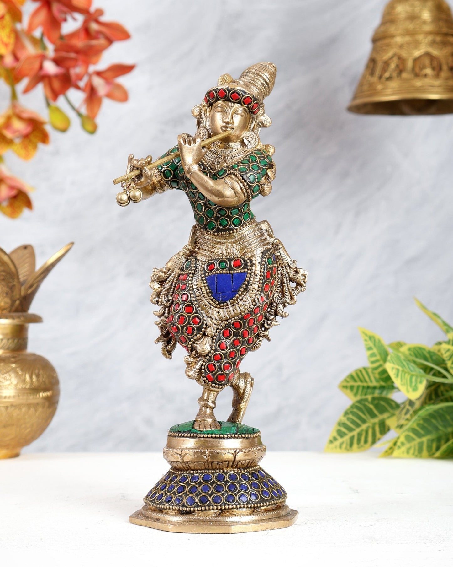 Unique Brass Krishna Statue - ring stonework 9.5 Inch - Budhshiv.com