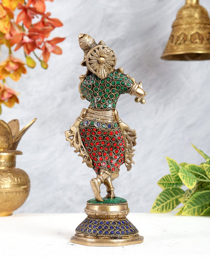 Unique Brass Krishna Statue - ring stonework 9.5 Inch - Budhshiv.com