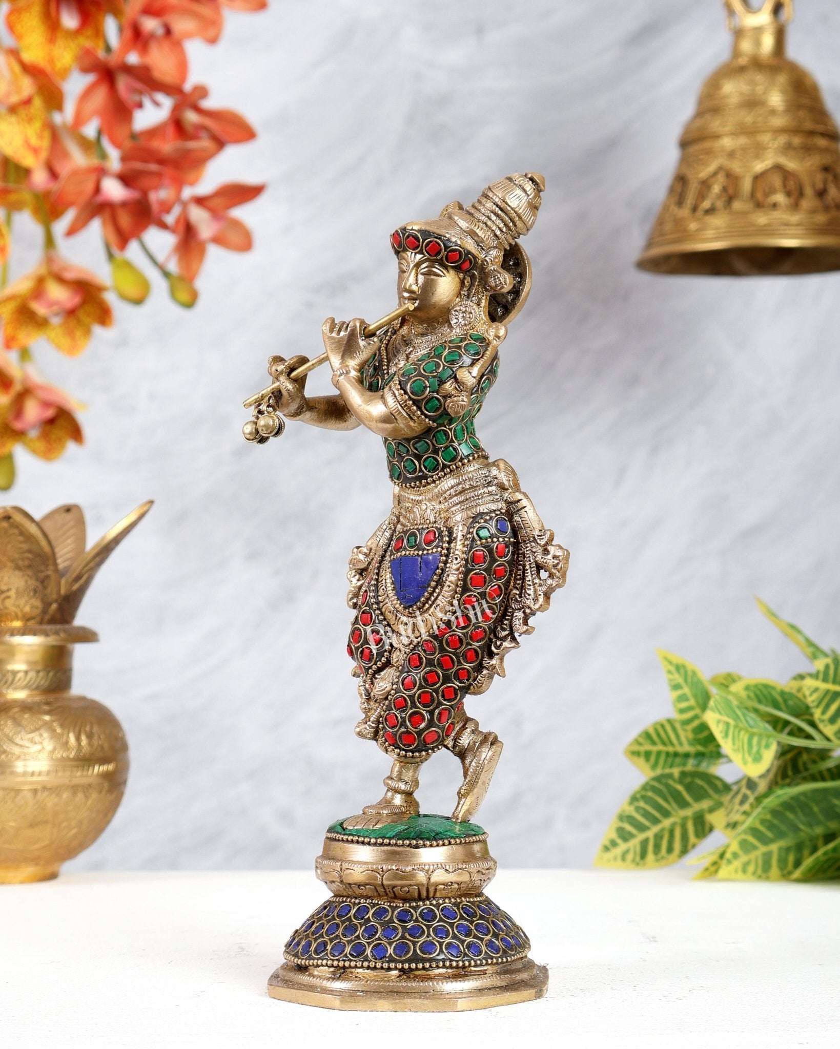 Unique Brass Krishna Statue - ring stonework 9.5 Inch - Budhshiv.com