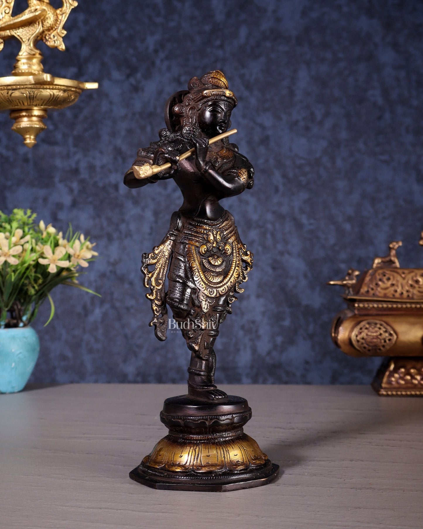 Unique Brass Krishna Statue - Sleek Design 9.5 Inches black and golden tone - Budhshiv.com