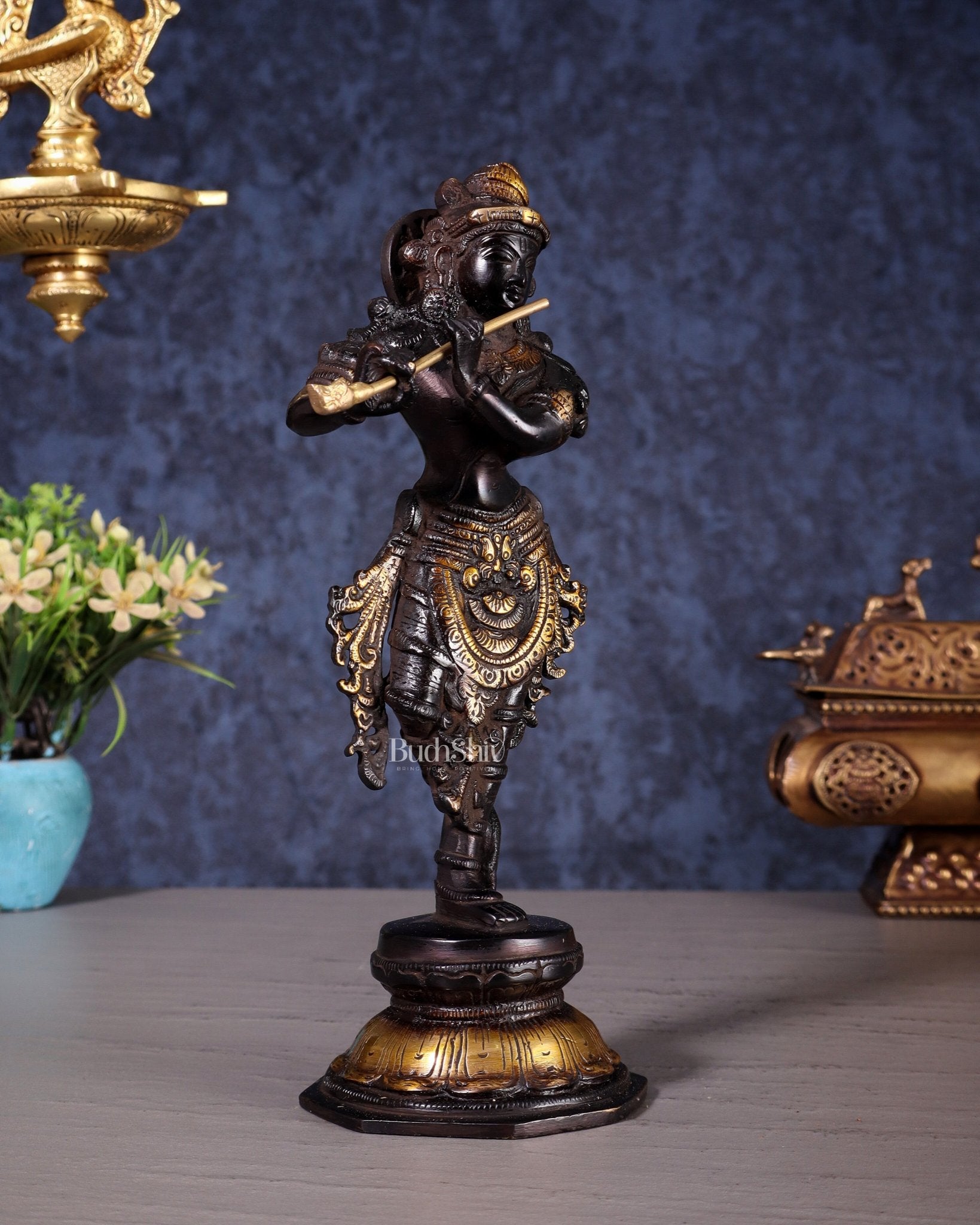 Unique Brass Krishna Statue - Sleek Design 9.5 Inches black and golden tone - Budhshiv.com
