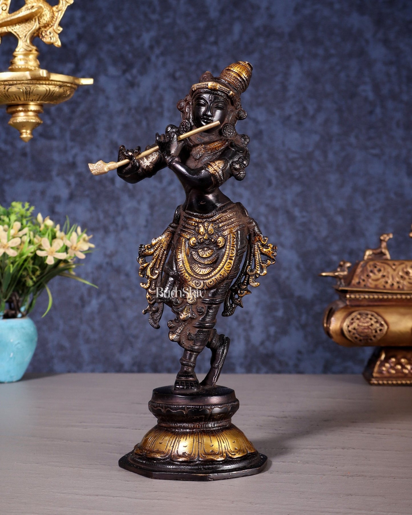 Unique Brass Krishna Statue - Sleek Design 9.5 Inches black and golden tone - Budhshiv.com