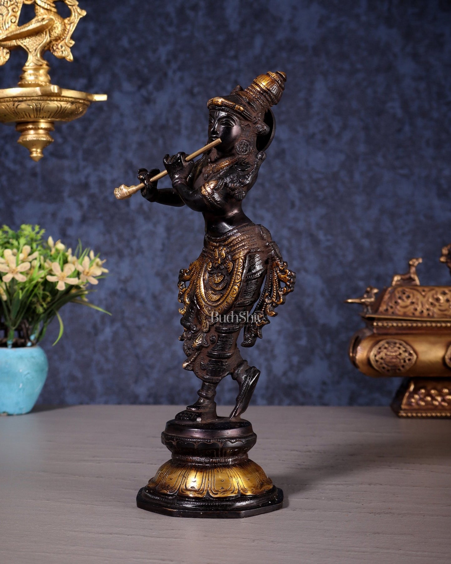 Unique Brass Krishna Statue - Sleek Design 9.5 Inches black and golden tone - Budhshiv.com