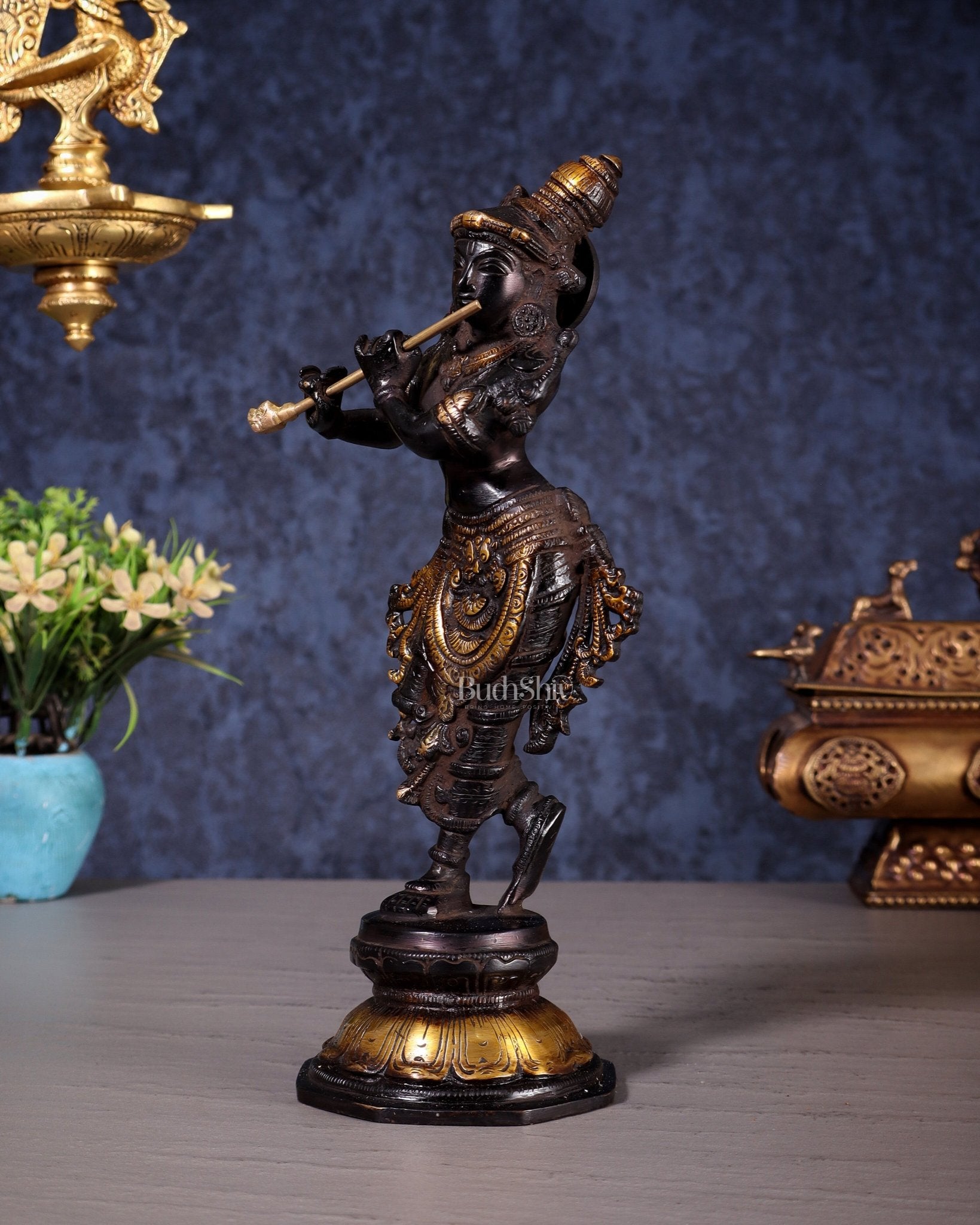 Unique Brass Krishna Statue - Sleek Design 9.5 Inches black and golden tone - Budhshiv.com