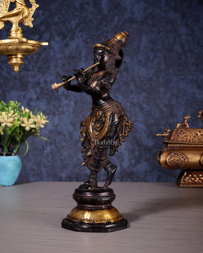 Unique Brass Krishna Statue - Sleek Design 9.5 Inches black and golden tone - Budhshiv.com
