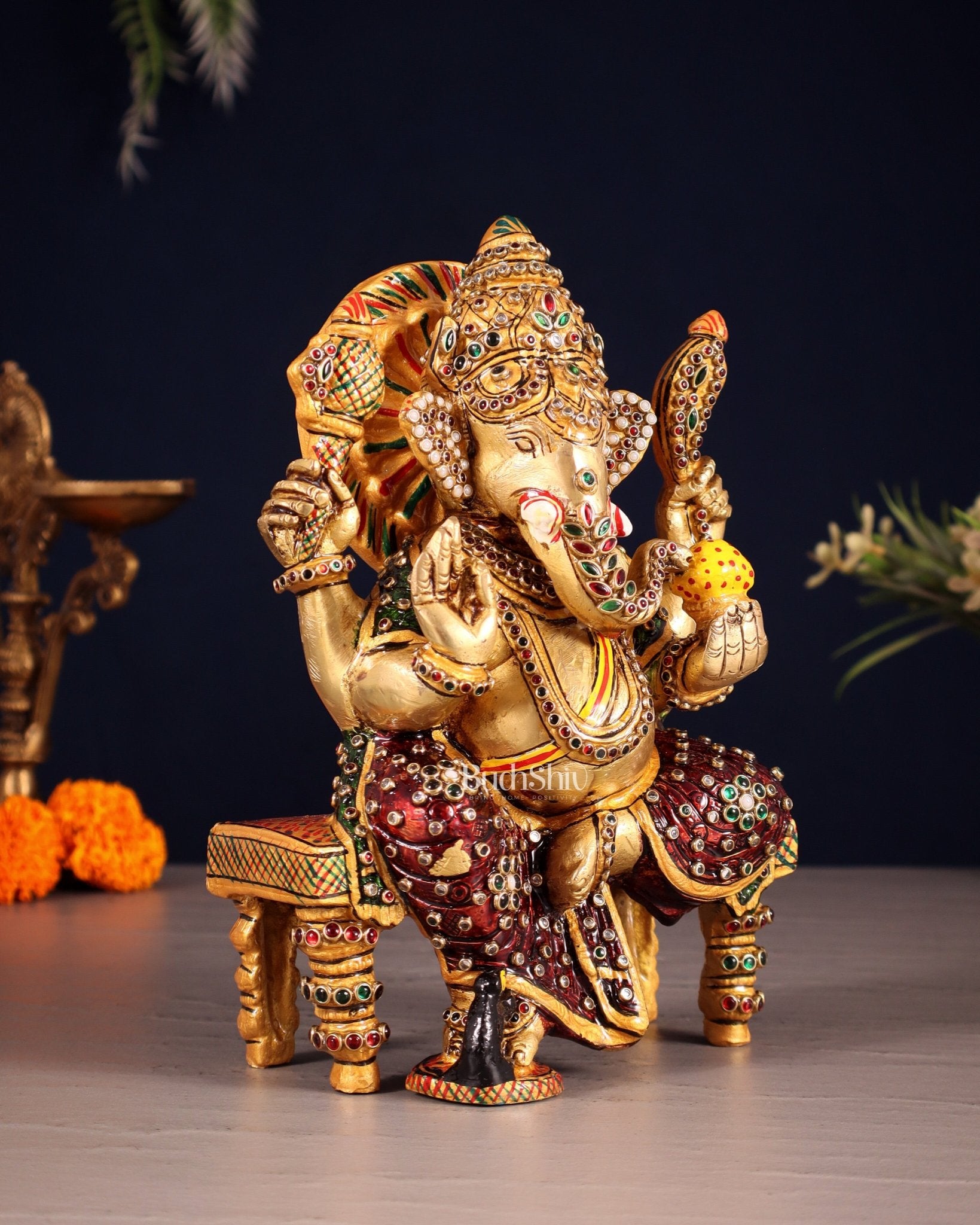 Unique Brass Lord Ganesha Decorated with Laakh Meenakari 8.5" - Budhshiv.com