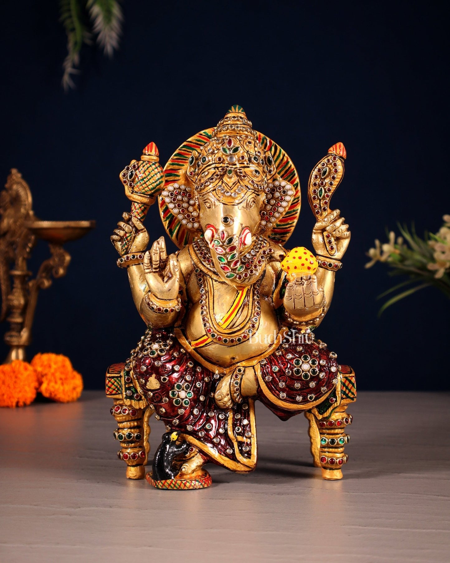 Unique Brass Lord Ganesha Decorated with Laakh Meenakari 8.5" - Budhshiv.com