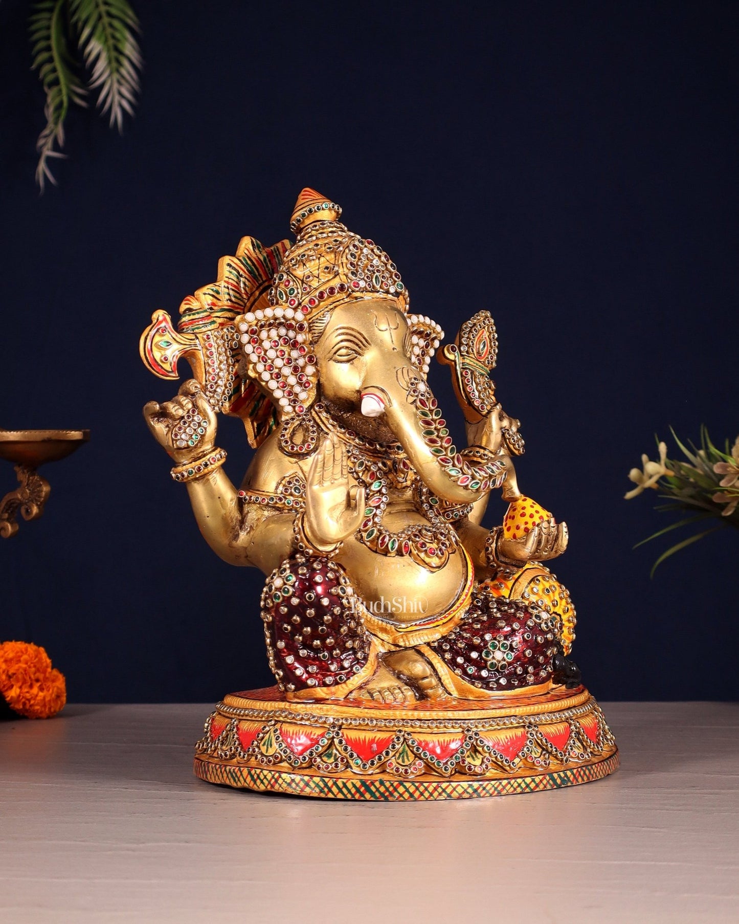 Unique Brass Lord Ganesha Decorated with Laakh Meenakari 9.5" - Budhshiv.com