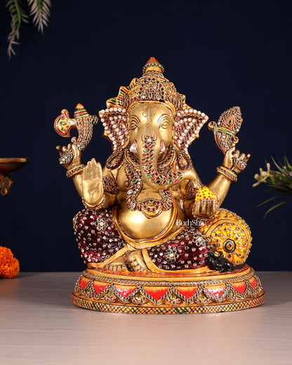 Unique Brass Lord Ganesha Decorated with Laakh Meenakari 9.5" - Budhshiv.com
