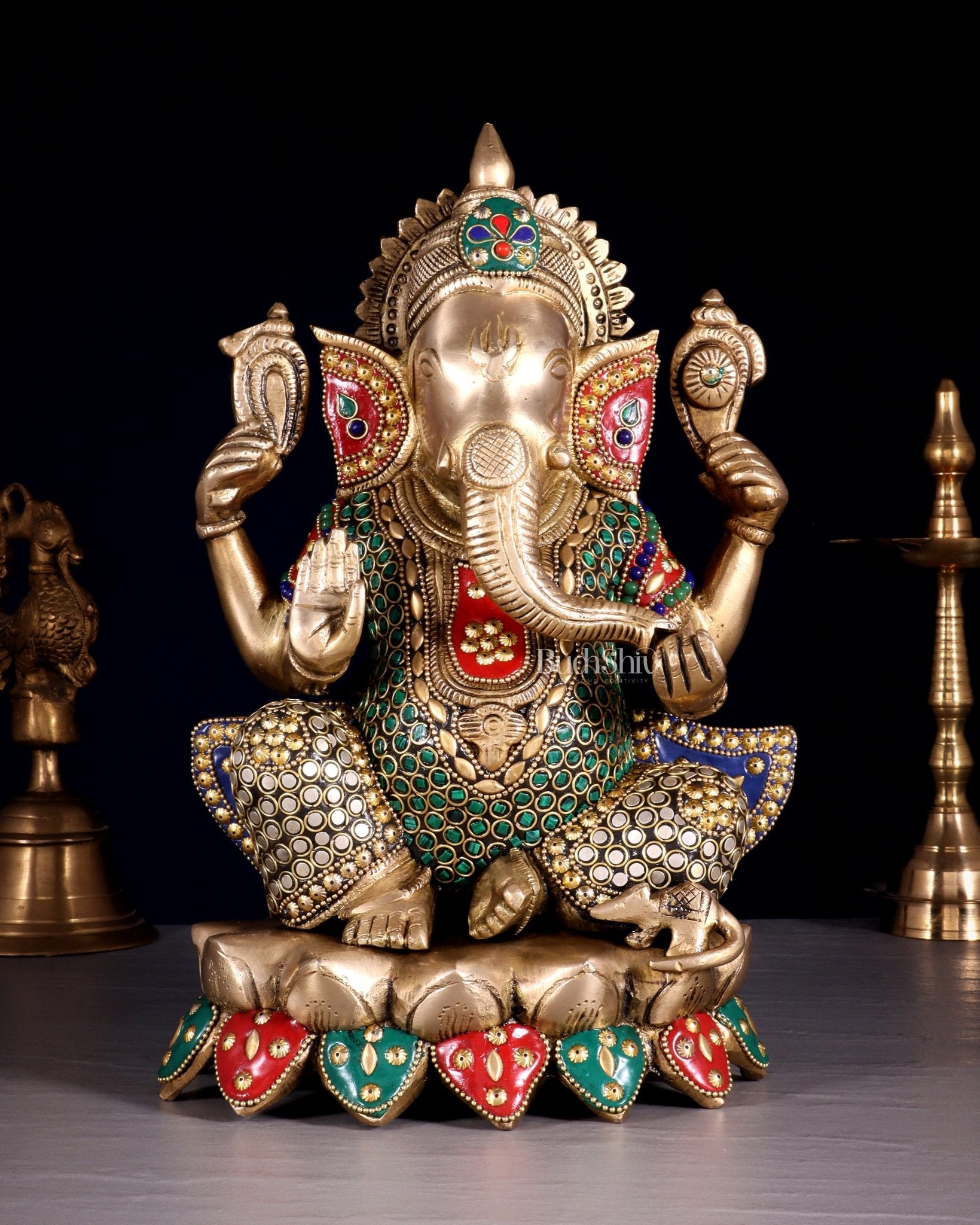 Unique Brass Lord Ganesha multicolour Statue - 11.5 Inch - Budhshiv.com