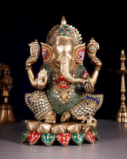 Unique Brass Lord Ganesha multicolour Statue - 11.5 Inch - Budhshiv.com