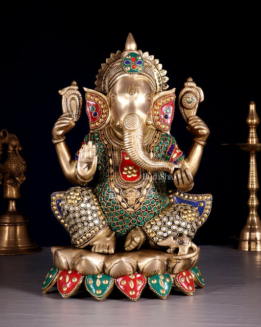Unique Brass Lord Ganesha multicolour Statue - 11.5 Inch - Budhshiv.com