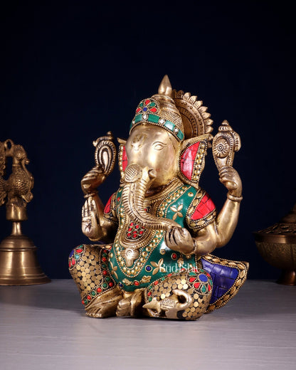 Unique Brass Lord Ganesha multicolour Statue - 9.5 Inch - Budhshiv.com