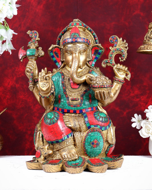 Unique brass Lord Ganesha on lotus large statue 16 inch with Stonework - Budhshiv.com