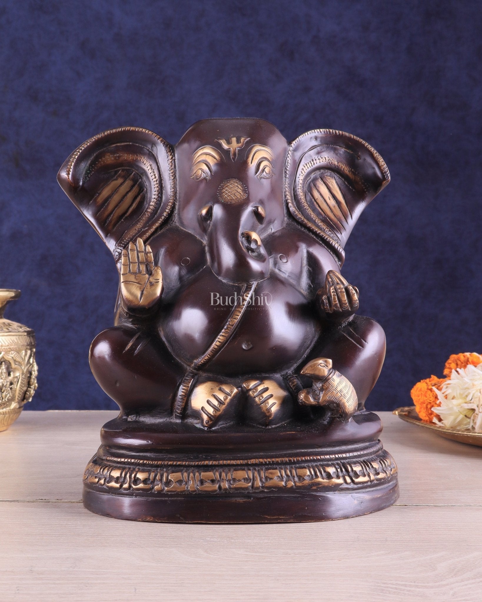 Unique Brass Lord Ganesha Statue on Round Base | Vintage Finish 8" - Budhshiv.com