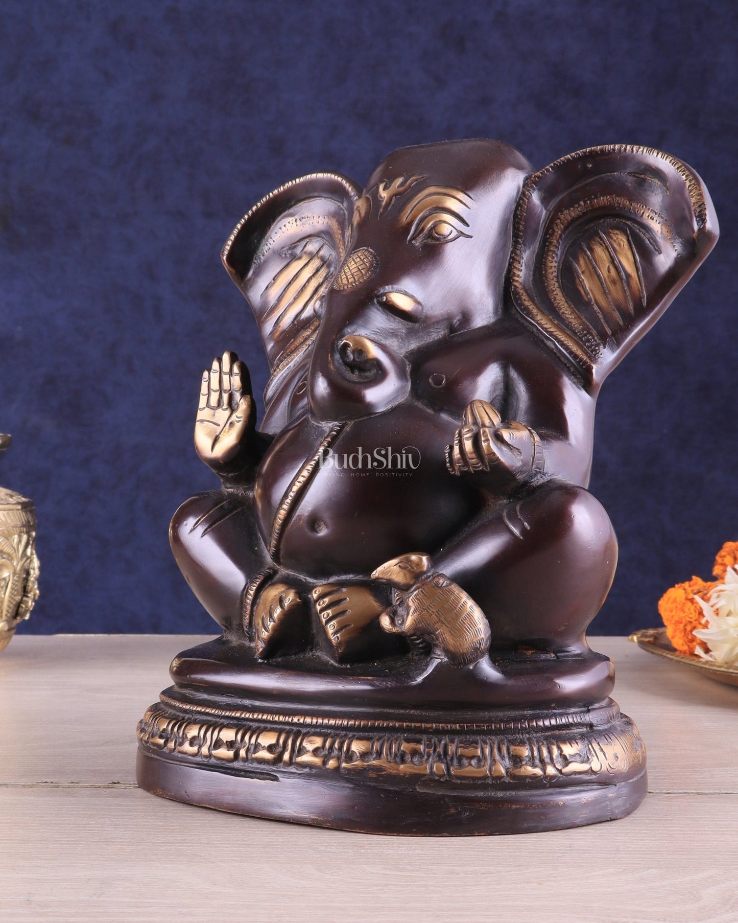 Unique Brass Lord Ganesha Statue on Round Base | Vintage Finish 8" - Budhshiv.com