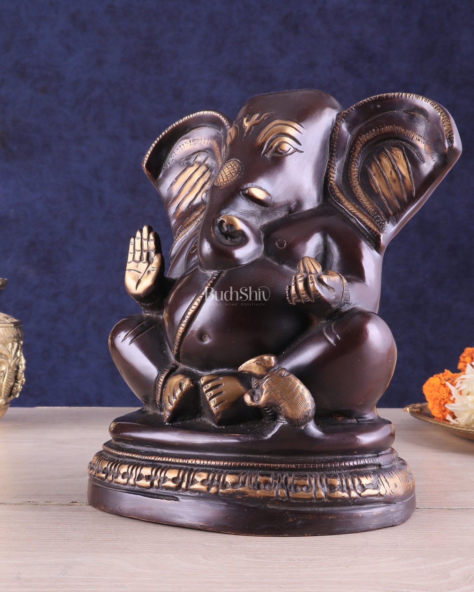 Unique Brass Lord Ganesha Statue on Round Base | Vintage Finish 8" - Budhshiv.com