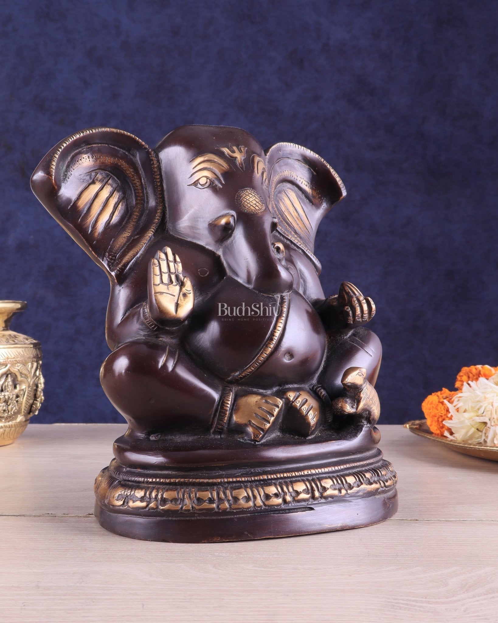 Unique Brass Lord Ganesha Statue on Round Base | Vintage Finish 8" - Budhshiv.com