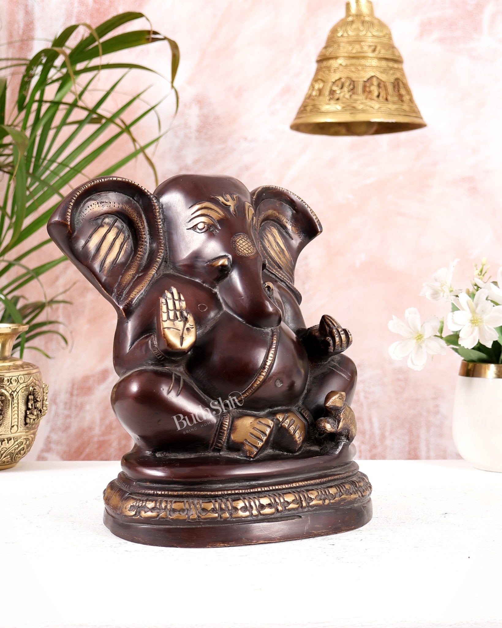 Unique Brass Lord Ganesha Statue on Round Base | Vintage Finish 8" - Budhshiv.com