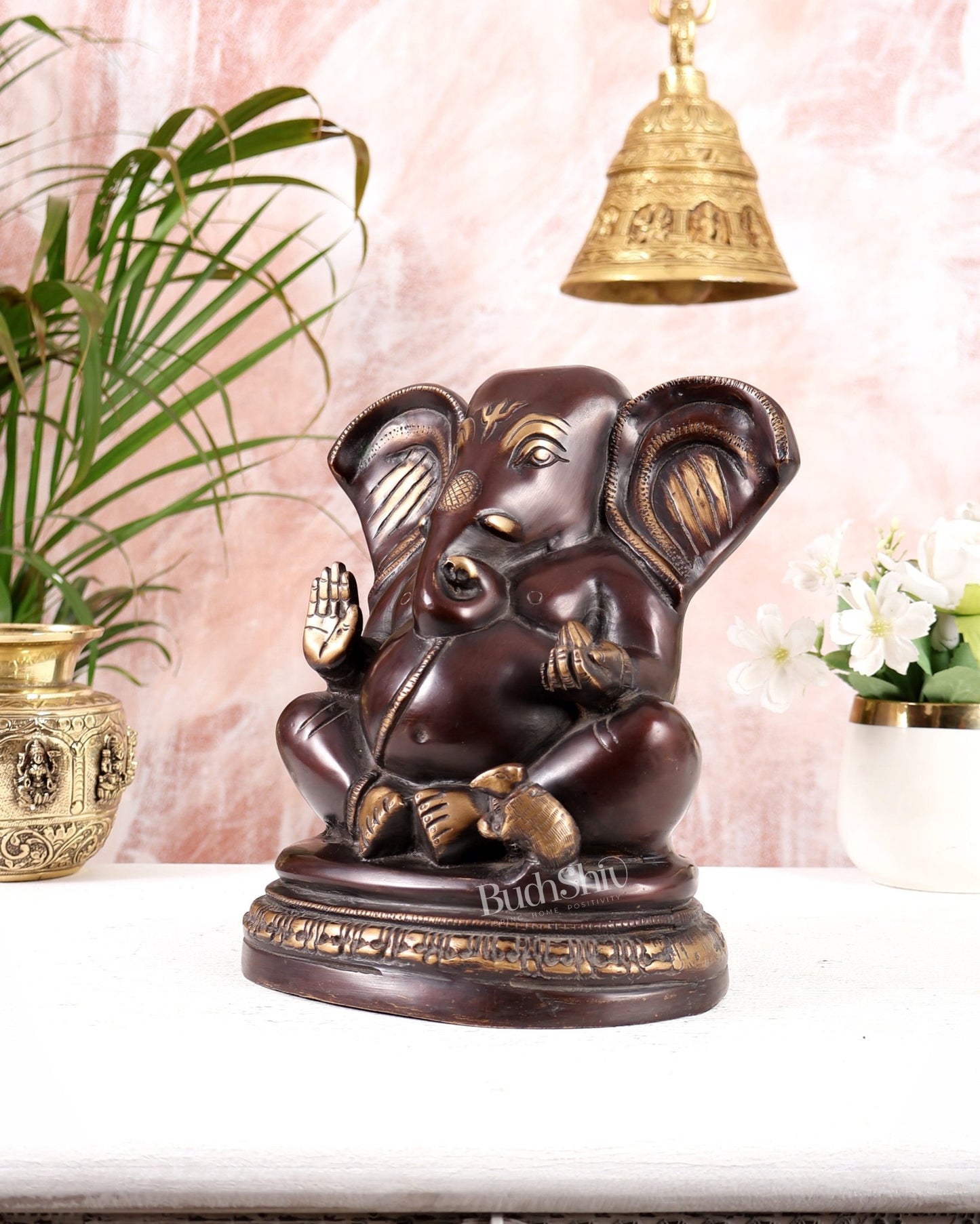 Unique Brass Lord Ganesha Statue on Round Base | Vintage Finish 8" - Budhshiv.com