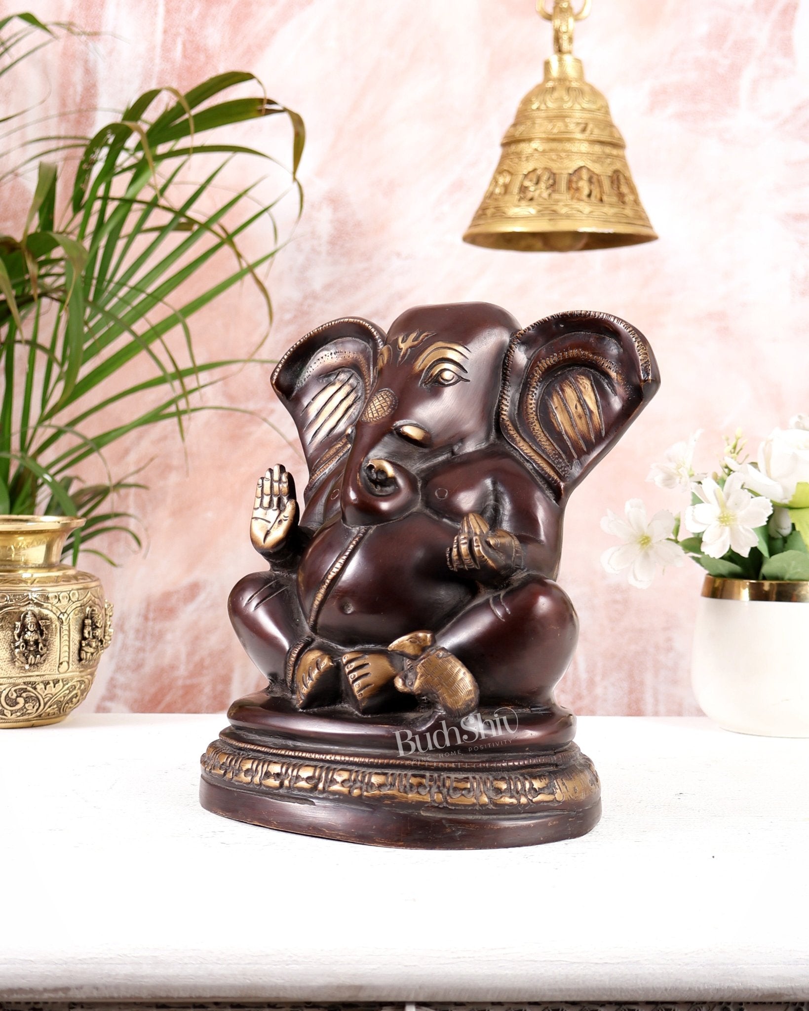 Unique Brass Lord Ganesha Statue on Round Base | Vintage Finish 8" - Budhshiv.com