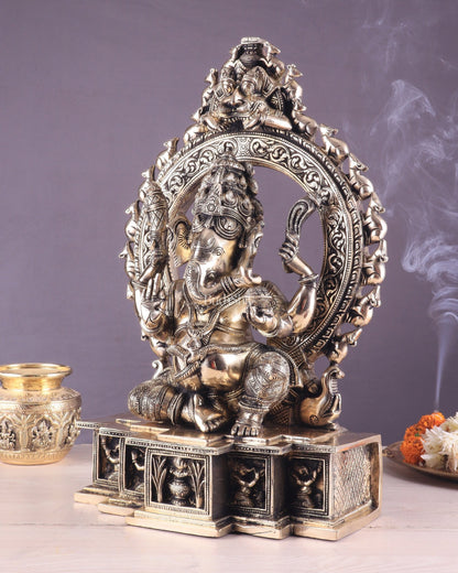 Unique Brass Lord Ganesha Statue with Kirtimukha Prabhavali Arch | 19.5 Inches - Budhshiv.com