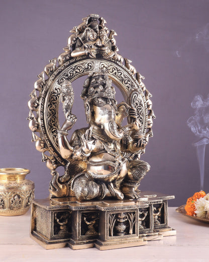 Unique Brass Lord Ganesha Statue with Kirtimukha Prabhavali Arch | 19.5 Inches - Budhshiv.com