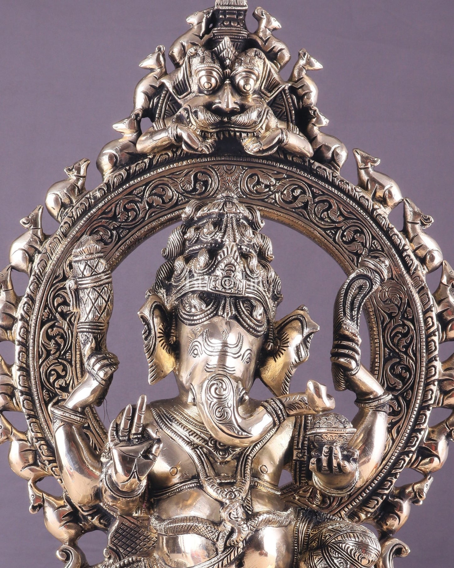 Unique Brass Lord Ganesha Statue with Kirtimukha Prabhavali Arch | 19.5 Inches - Budhshiv.com