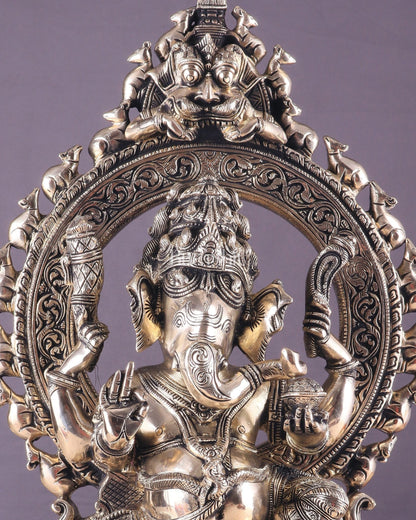 Unique Brass Lord Ganesha Statue with Kirtimukha Prabhavali Arch | 19.5 Inches - Budhshiv.com