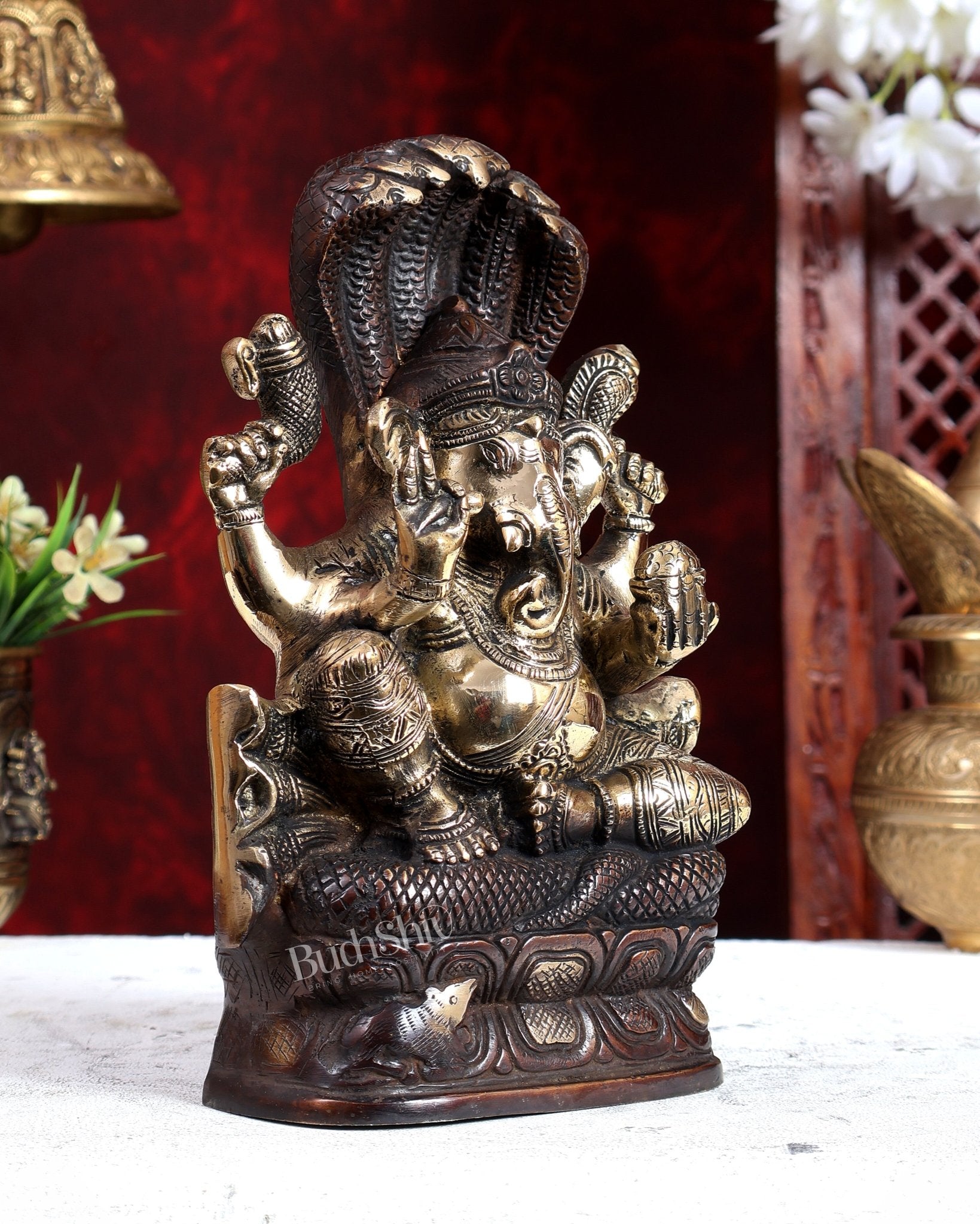 Unique Brass Lord Ganesha with Naag – Dual Tone Brown Gold Finish 8.6 inch - Budhshiv.com